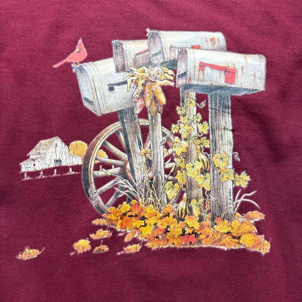 Y2K Burgundy Fall Mailbox Crewneck Sweatshirt with Graphic of a Mailbox - Picture 2 of 4
